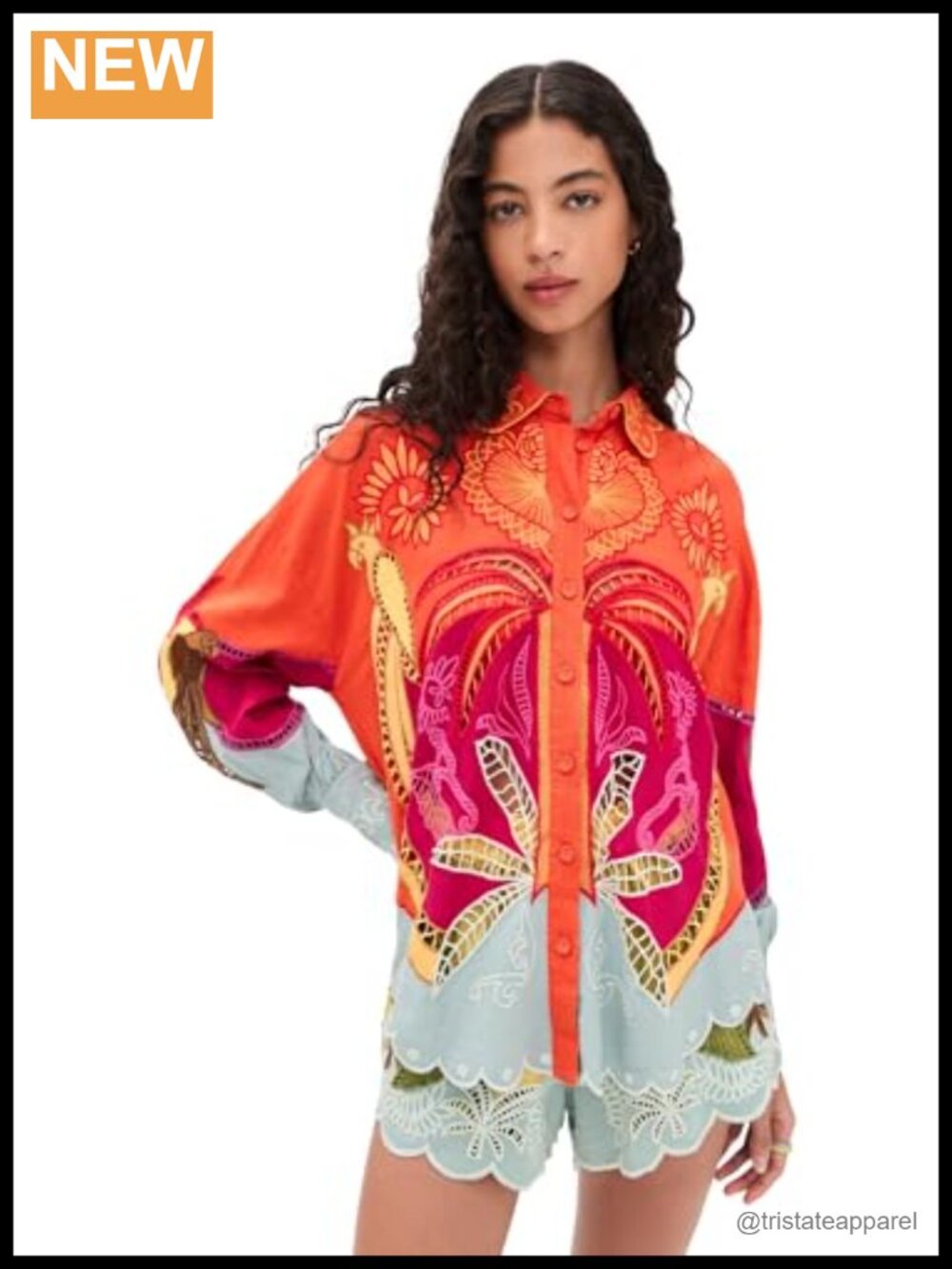 FARM Rio Linen Blouse Embroidery Cutout Scalloped Collared Long Sleeve